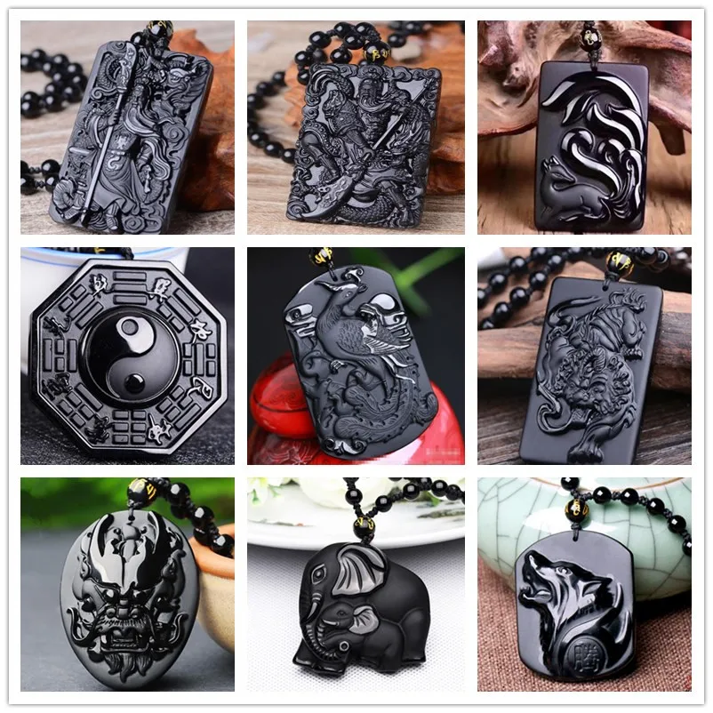 Top Trends: Chinese Handwork Natural Black Obsidian Carved Sword GuanGong Lucky Amulet Pendant + Beads Necklace Vintage Fashion Jewelry Gift Shoppable Styles