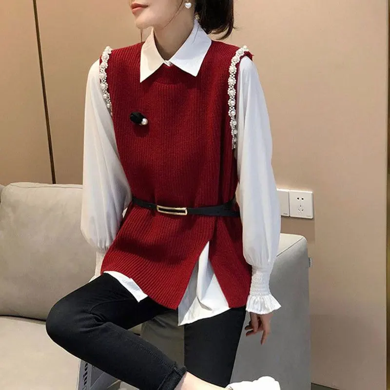 Top Trends: Female Polo-Neck Shirt Two Piece Set Knitted Vest Spring Autumn Fashion Sashes Pearl Three-dimensional Decoration Korean Blouse Shoppable Styles