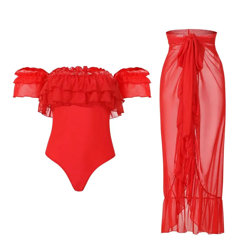 Top Trends: Pure Red 2023 New One-piece Swimsuit Women&#039;s Tube Top Ruffled Swimwear Summer Beach Wear Cover Up High Waist Bikini Shoppable Styles