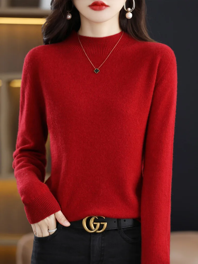 Top Trends: Long Sleeve 100 % Merino Wool Sweaters Autumn Winter Mock Neck Women Knitted Tops Pullover Cashmere Clothing Basic Knitwear Shoppable Styles