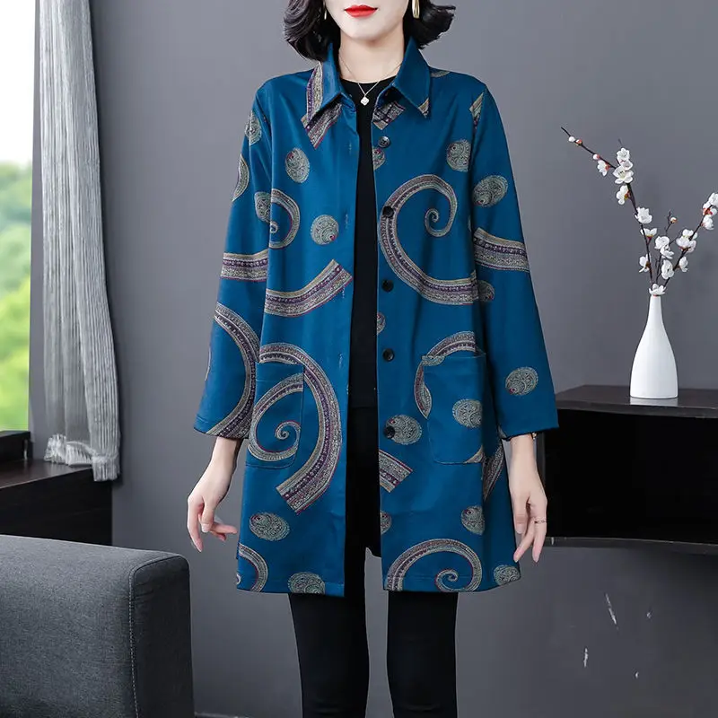 Top Trends: 2023 New Spring And Autumn Middle-aged Women's High-end Temperament Lapel Print Patchwork Pocket Casual Loose Oversize Jacket Shoppable Styles