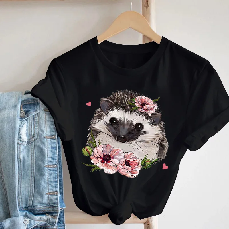 Top Trends: 2022 Cartoon Hedgehog Flower Printed T Shirt Lady O-Neck Short Sleeve Tshirt Female Tops Harajuku Black Casual Women Tee Shirt Shoppable Styles