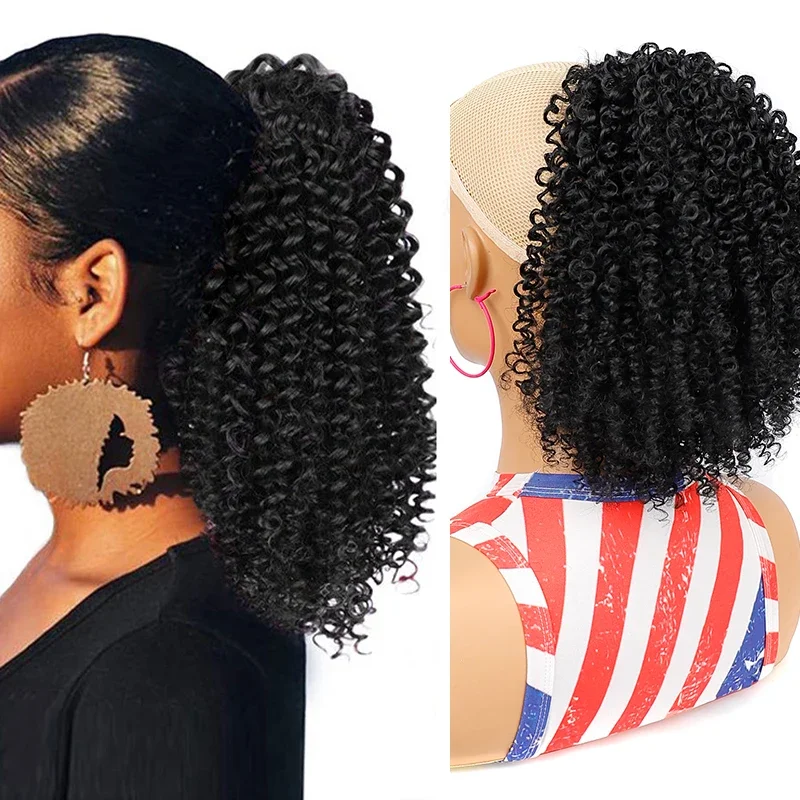 Top Trends: Short Afro Kinky Curly Ponytail Drawstring Puff Curly Ponytail Clip In Extensions For Women Natural Synthetic False Horse Tail Shoppable Styles