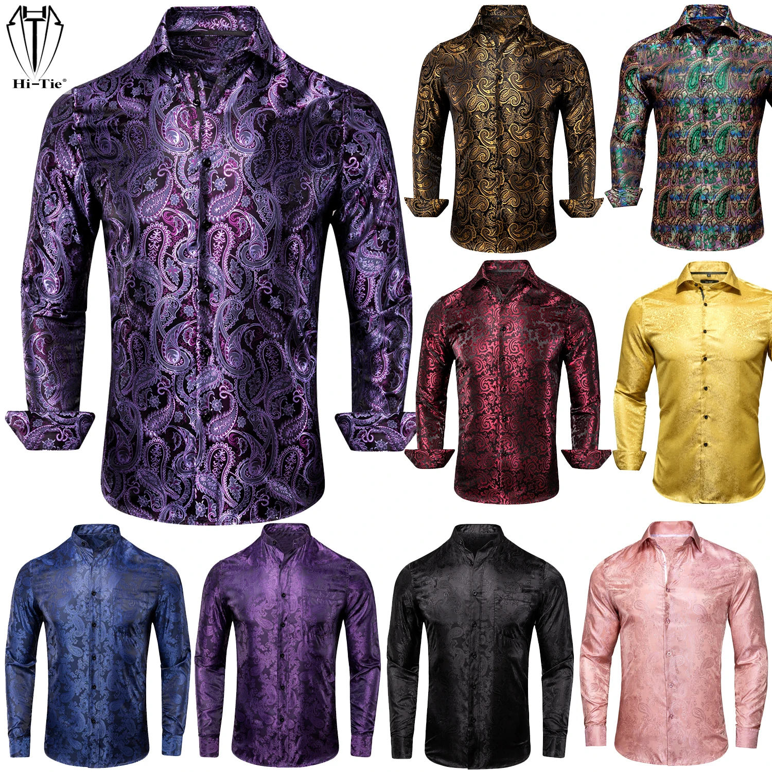 Top Trends: Hi-Tie Luxury Woven Silk Mens Shirts Long Sleeve Slim Fit Purple Red Gold Blue Black Grey Silver Shirt For Men Wedding Office XL Shoppable Styles