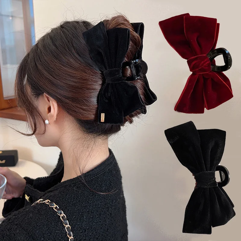 Top Trends: Advanced Texture Velvet Hair Clips Black Double-Sided Bow Shark Clips Women Back Head Hairpin Fashion Barrettes Hair Accessories Shoppable Styles