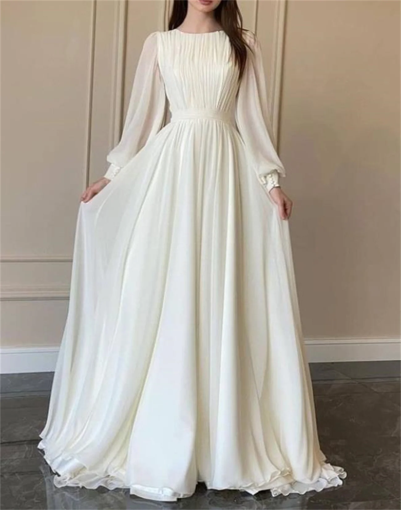 Top Trends: Simple White Wedding Dress Round Neck Long Sleeve Evening Gown Chiffon Elegant Summer Formal Occasion Latest Style 2023 Shoppable Styles