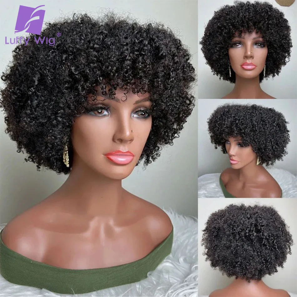 Top Trends: Afro Kinky Curly Short Bob Wig With Bangs Silk Scalp Top Full Machine Made Glueless Wigs Brazilian Remy Hair 200Density For Wome Shoppable Styles