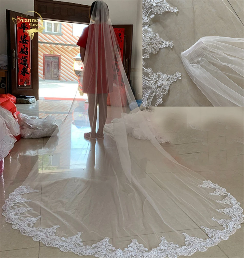 Top Trends: Cheap White / Ivory Wedding Veils Long Lace Edge Flower Appliqued Cathedral Length Bridal Veil With Comb 3Meters Velo De Novia Shoppable Styles