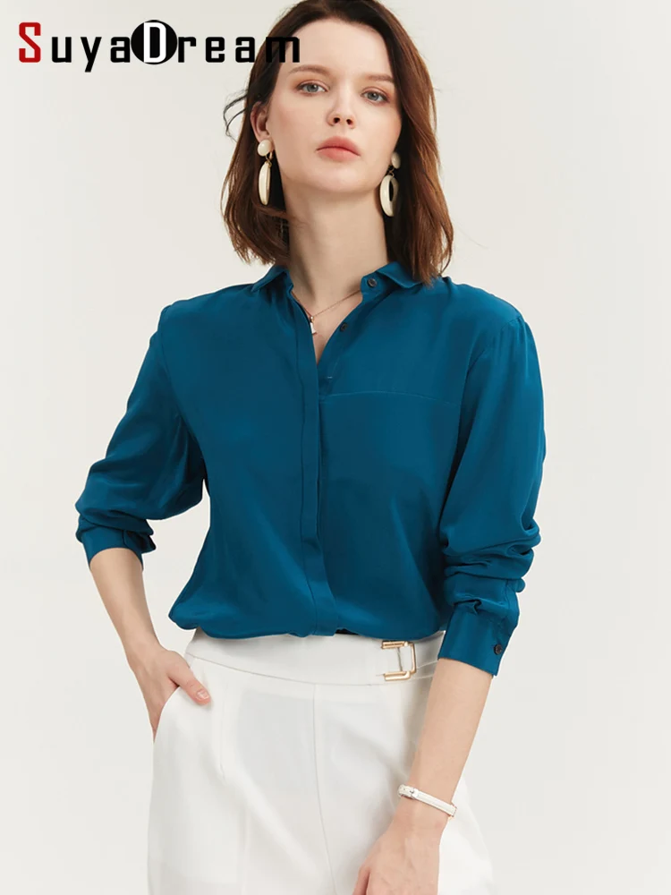 Top Trends: SuyaDream Silk Dress Shirts For Woman 100% REAL SILK CREPE Solid Long Sleeve Chic Blouses 2022 Spring Fall Offie Lady Top Shoppable Styles