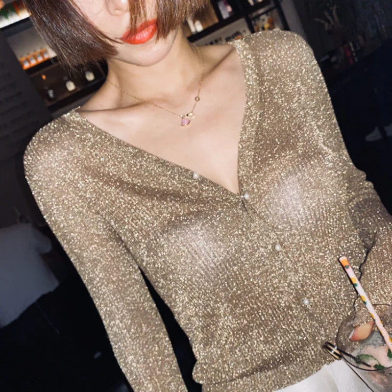 Top Trends: Sexy Cropped Cardigan Women Autumn Clothes Korean Long Sleeve Tops V Neck Thin Knit Sweaters For 2023 New Clothes Knitted Vests Shoppable Styles