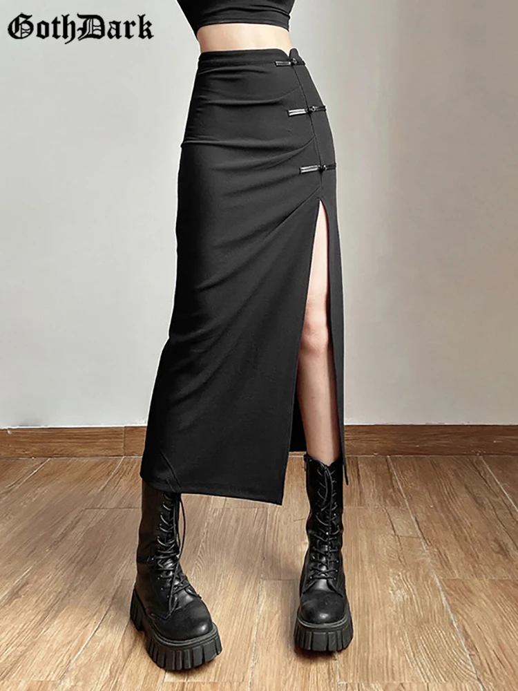 Top Trends: Goth Dark Streetwear Black Y2k Cargo Midi Skirts Grunge Gothic Split Sexy High Waist Skirt For Women Korean Fashion Fall Bottoms Shoppable Styles