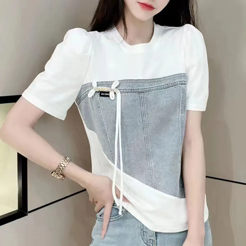 Top Trends: Female Clothing Solid Color Shirt Casual Denim Patchwork Summer Chic Three-dimensional Decoration Drawstring Asymmetrical Blouse Shoppable Styles