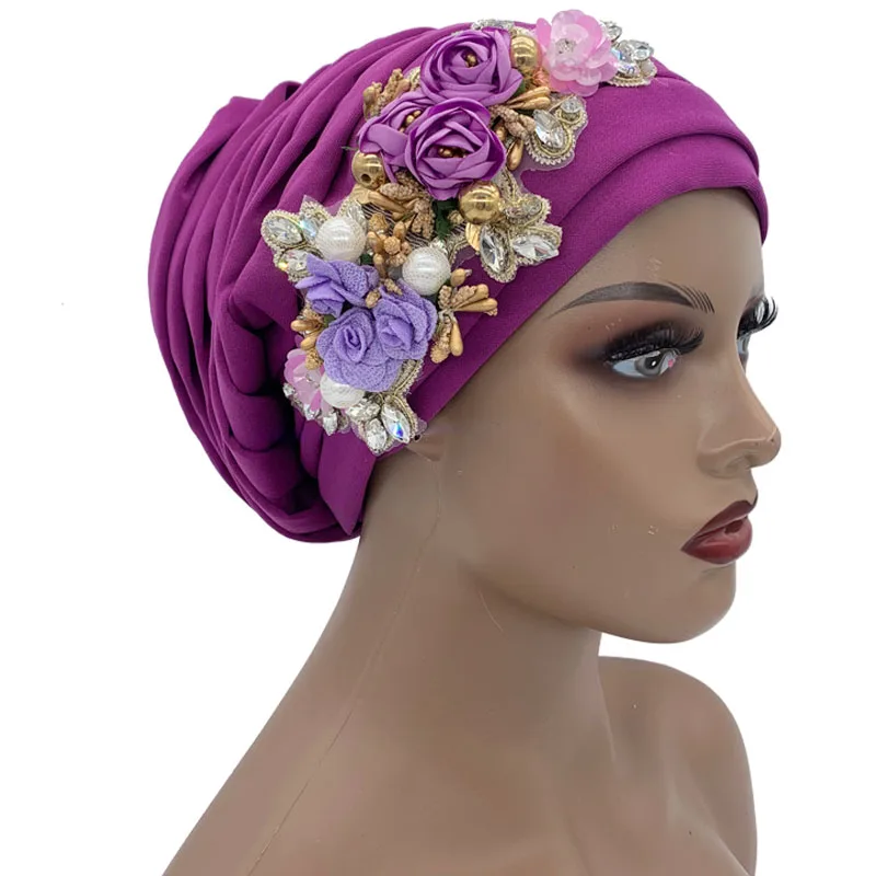 Top Trends: 2023 New Full Body Pleated Turban Cap With Rhinestone Bouquet Elegant Women&#039;s Head Wrap Bonnet Female Party Headpiece Turbante Shoppable Styles