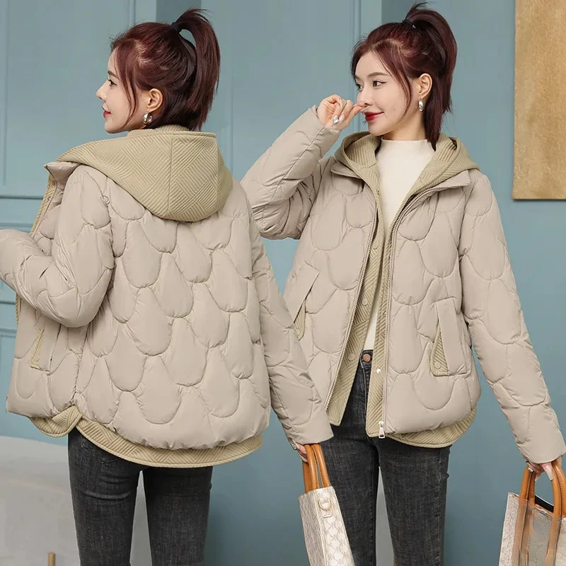 Top Trends: Winter Women Fake Two Hooded Cotton Jacket Bread Clothing Warm Thicken Loose Down Cotton Jacket 2023 New Women Parkas Winter Shoppable Styles