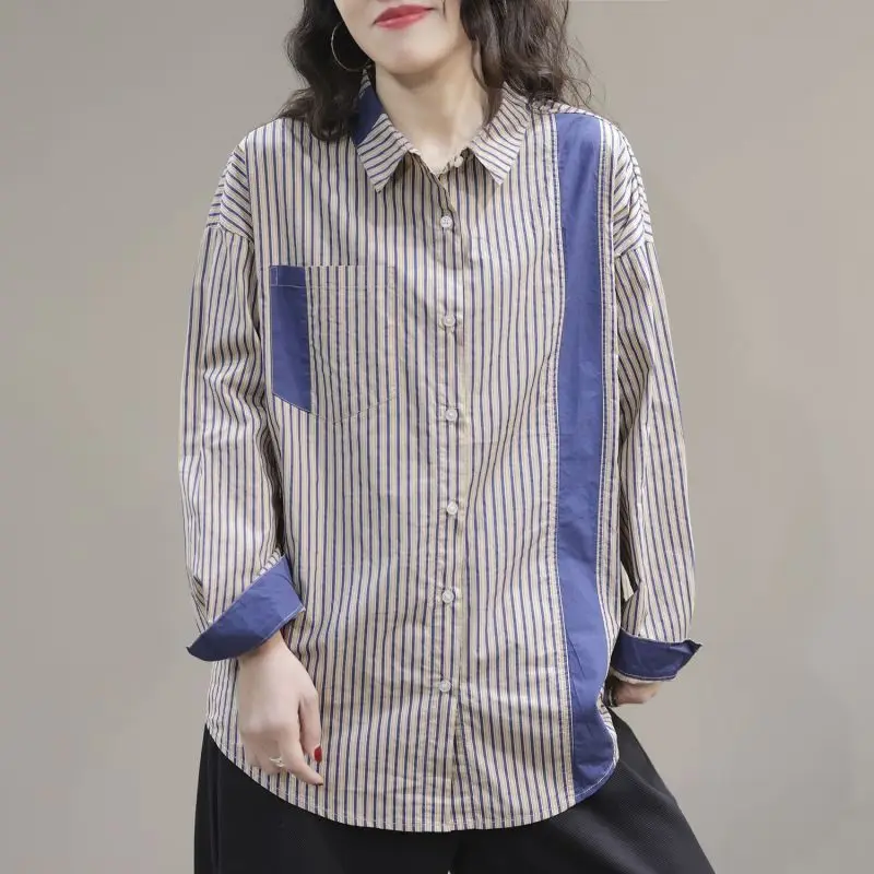 Top Trends: 2023 Spring And Autumn Fashion Commuting Simplicity Casual Art Flip Collar Stripe Blocked Loose Oversized Women's Shirt Shoppable Styles - Image 3