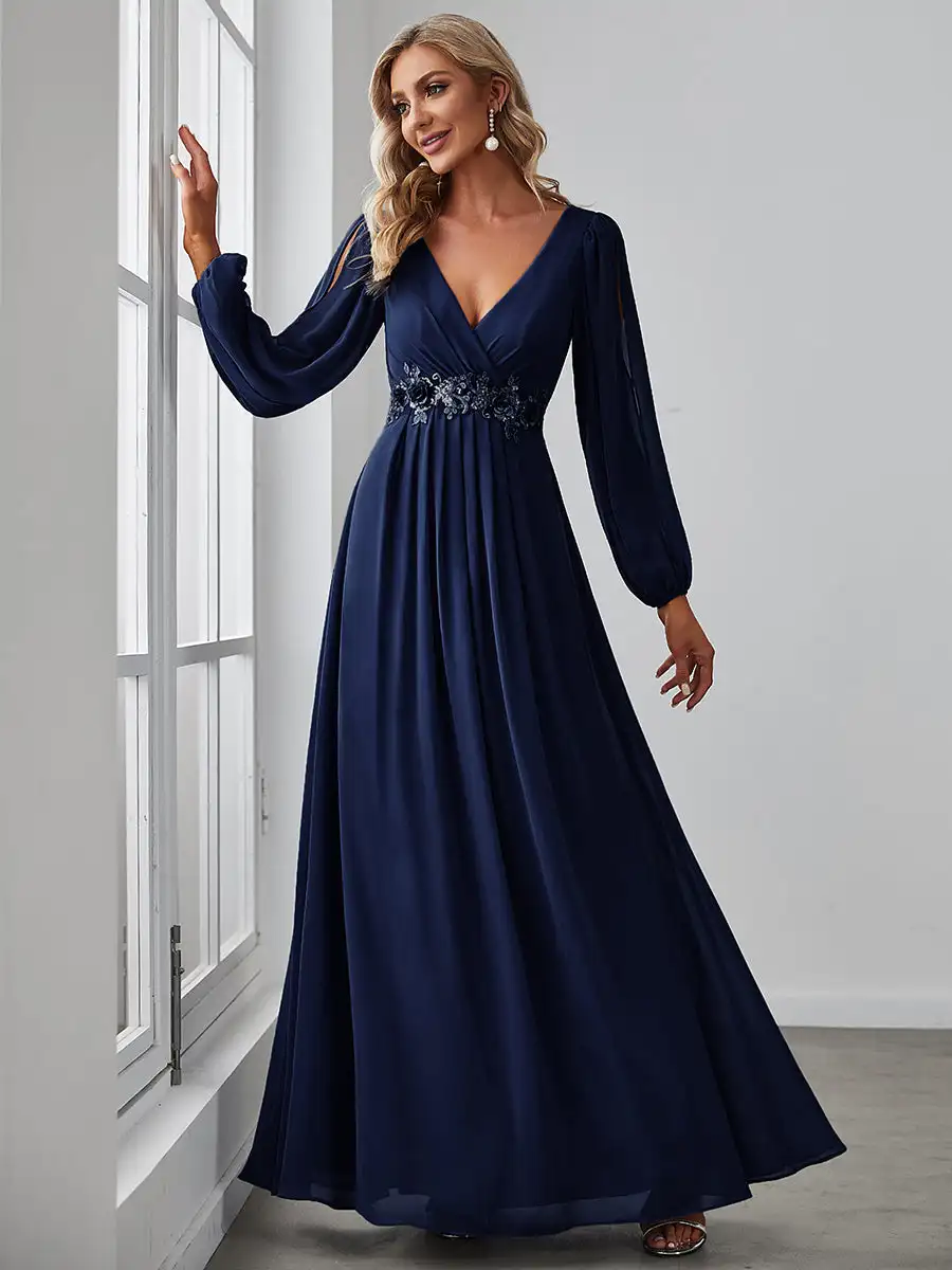 Top Trends: Elegant Evening Dresses Long A-LINE Long Sleeves V-neck Floor-Length Gown 2024 Ever Pretty Of Chiffon Simple Prom Women Dress Shoppable Styles