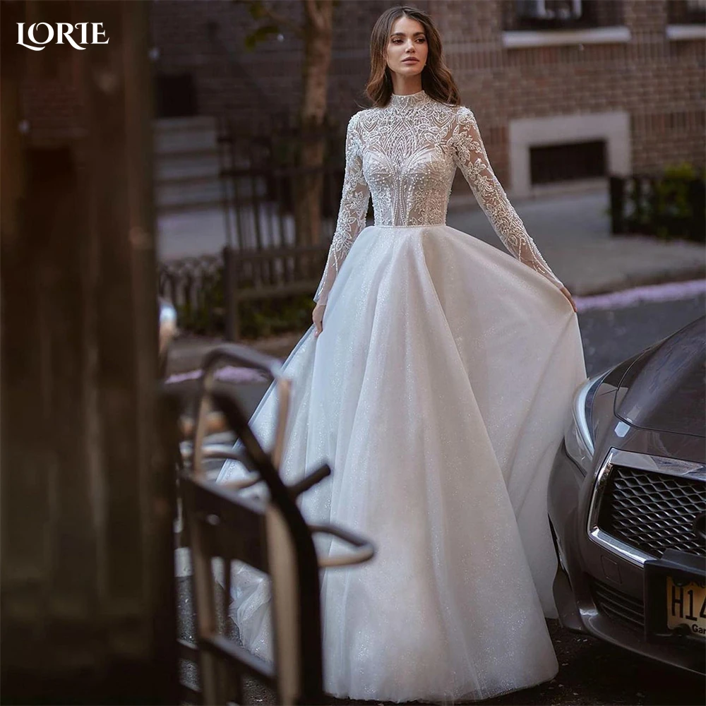 Top Trends: LORIE Vintage Lace A-Line Wedding Dresses Glitter Tulle Brush Train High Neck Appliques Bridal Gowns Long Sleeves Bride Dress Shoppable Styles