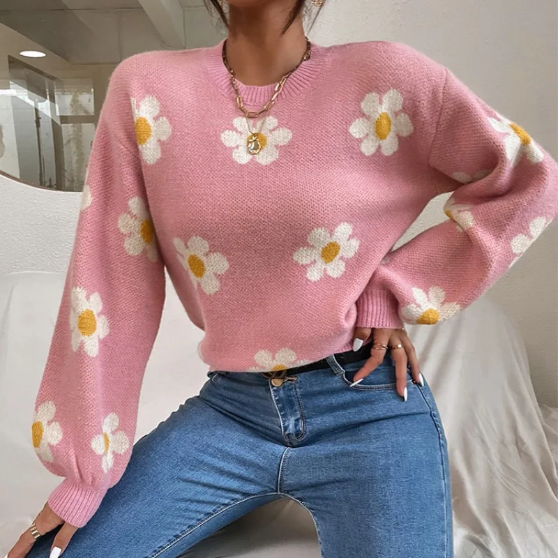 Top Trends: Autumn Winter New College Style Flower Knitted Coat Loose Fashion Round Neck Pullover Print Long Sleeve Sweater Women's Tops Shoppable Styles