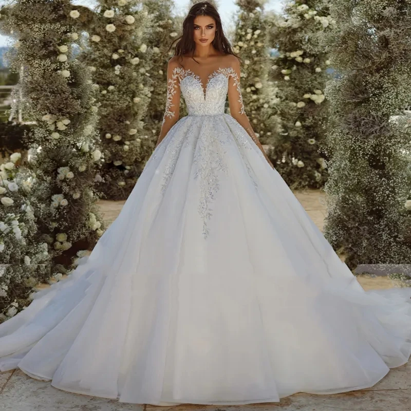 Top Trends: Luxury 2024 Classic Scoop Neck Long Sleeves Ball Gown Wedding Dress Beading Appliques Shiny Princess Bridal Gown Robe De Mariage Shoppable Styles