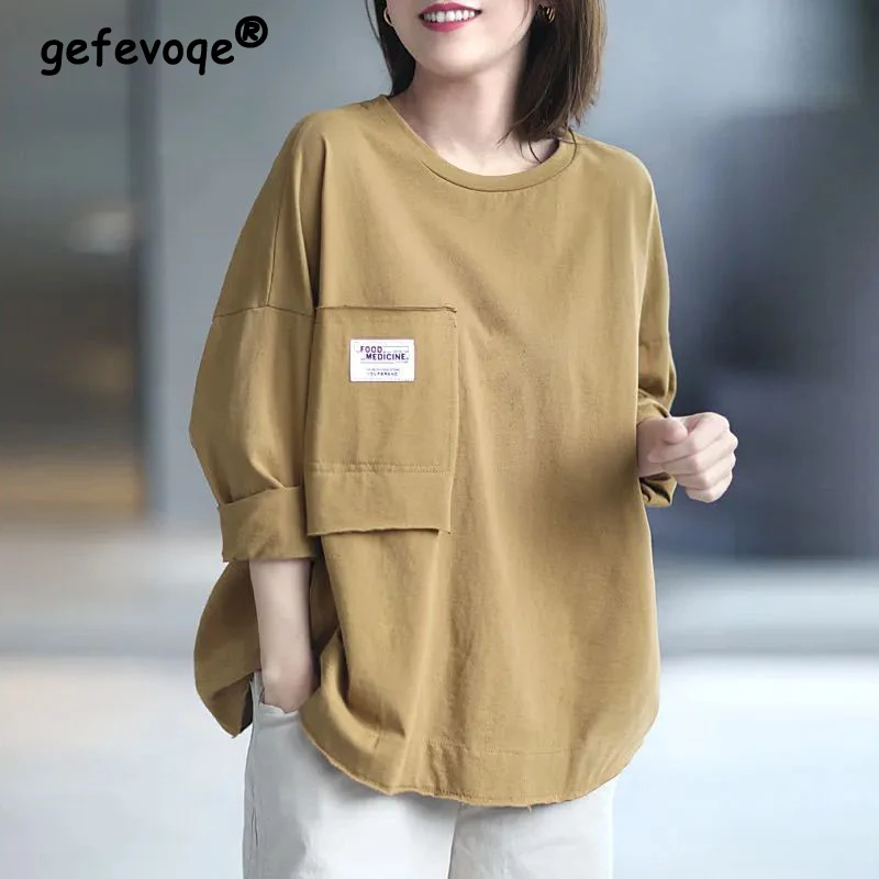 Top Trends: Spring Autumn Korean Simple Style Applique Pocket Solid Oversize T Shirt Women Casual O Neck Long Sleeve Top Female Clothing2023 Shoppable Styles