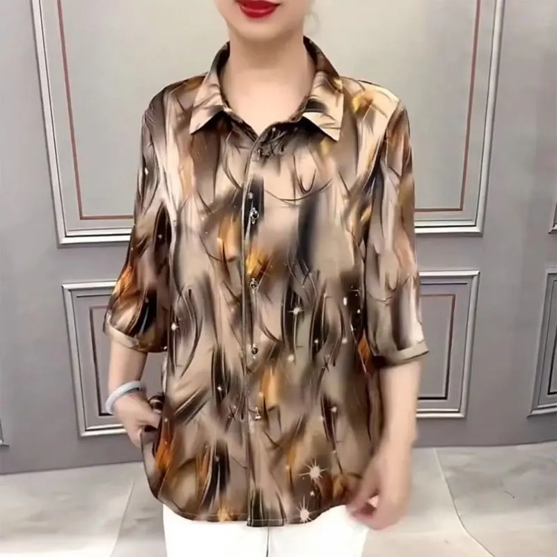 Top Trends: Vintage Printed 3 / 4 Sleeve Shirt Commute Spring Summer New Turn-down Collar Women&#039;s Clothing Casual Single-breasted Loose Blouse Shoppable Styles