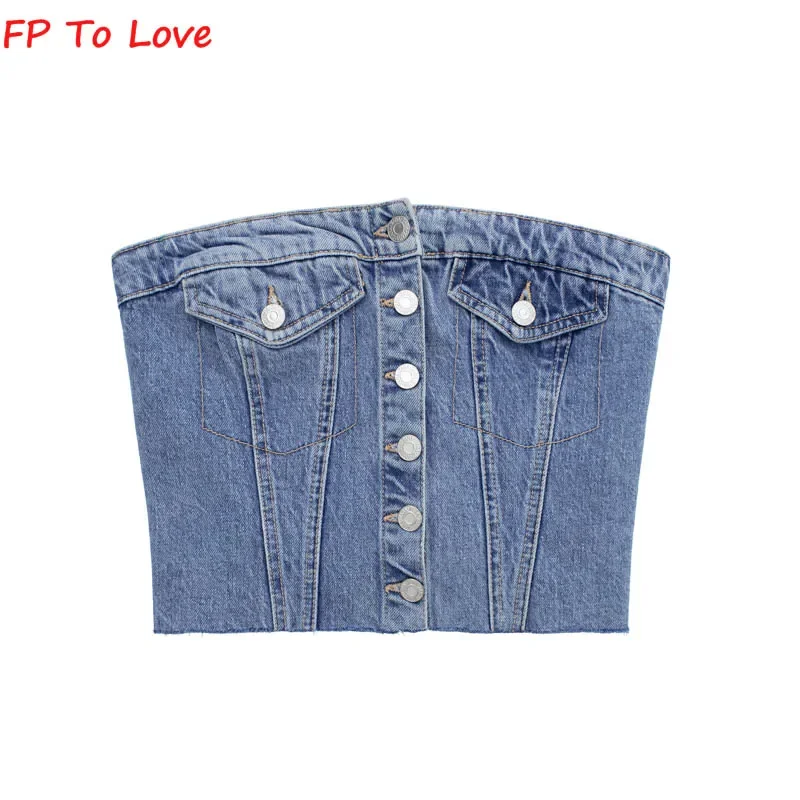 Top Trends: Blue Denim Strapless Tops Vintage Tube Corset Single Breasted Summer Sexy Chest Crop Backless Elastic Off Shoulder Woman6739200 Shoppable Styles