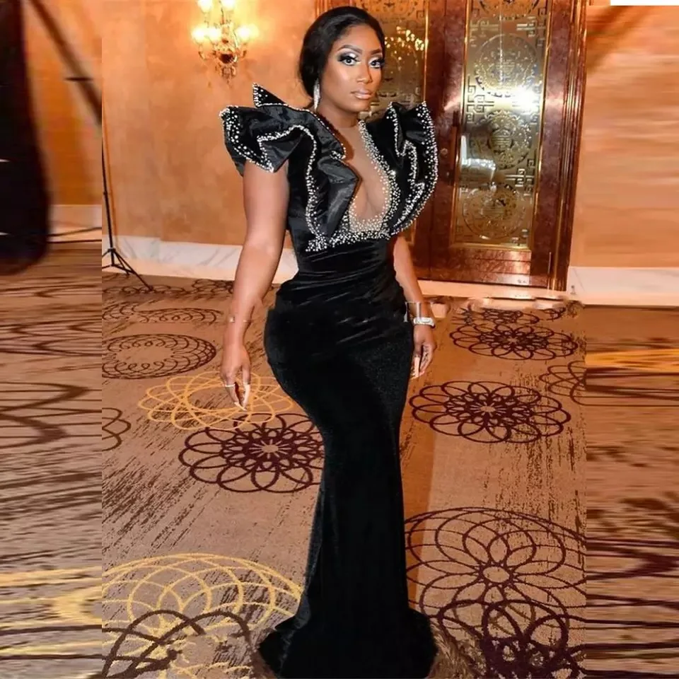 Top Trends: Black Ruffles Sheer Bust BeadsLong Prom Dresses 2023 African Girls Mermaid Sleeveless Velour Skirt Formal Party Evening Gowns Shoppable Styles