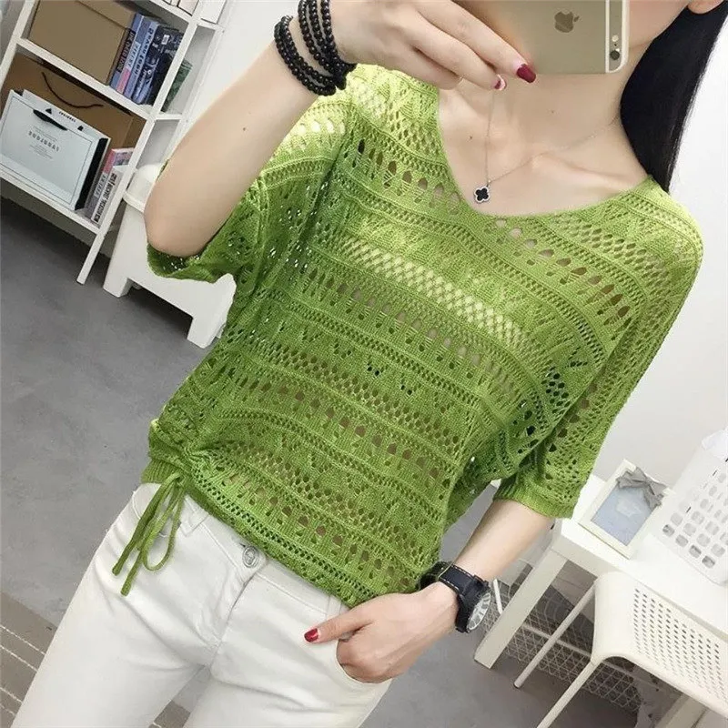 Top Trends: Summer Fashion Women&#039;s Sexy V Neck Hollow Out Bat Sleeve Knitwear Casual Loose Solid All Match Pullover Knit Smock Top Sweater Shoppable Styles