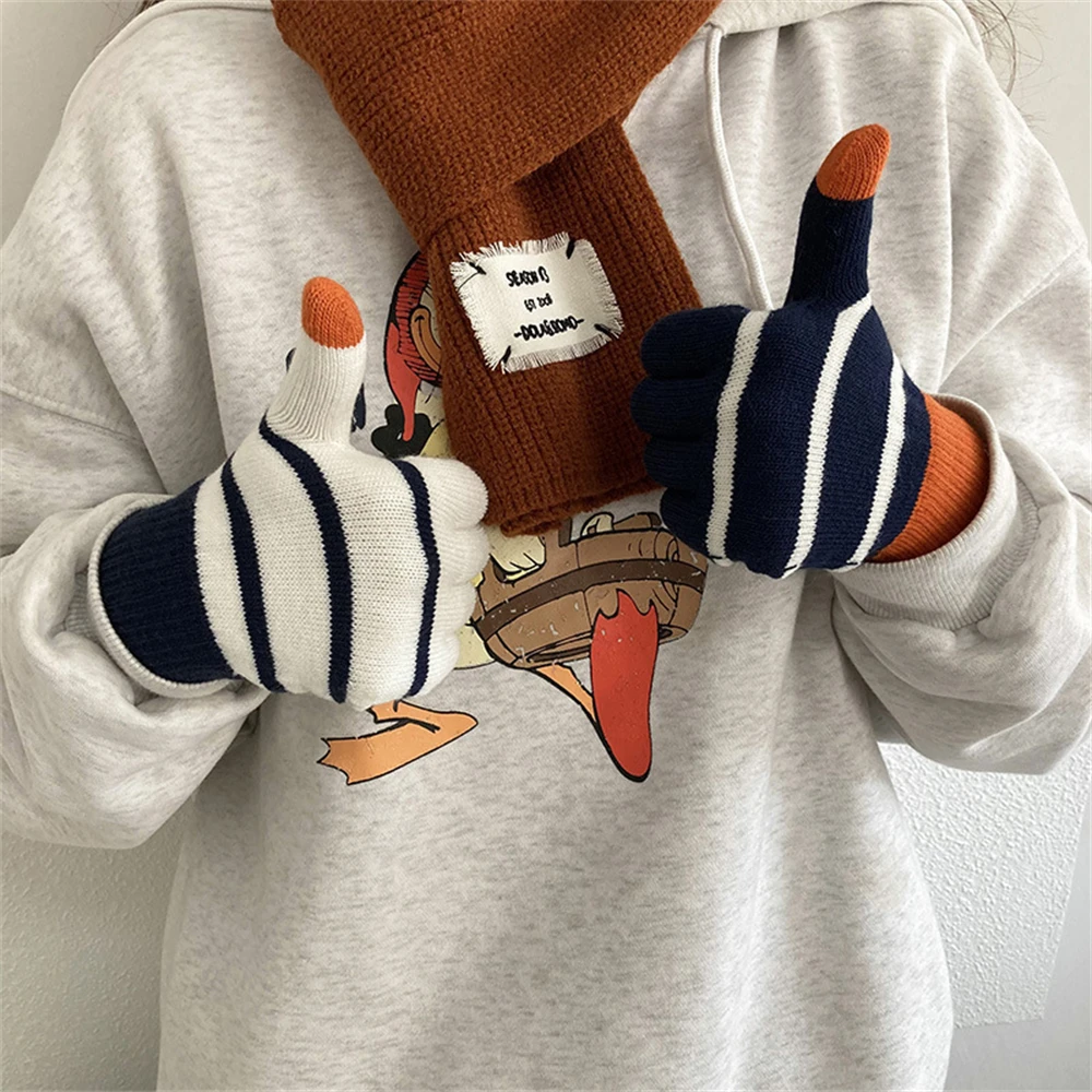 Top Trends: Winter New Plush Thickened Stripe Touchable Screen Korean Student Couple Warm And Cold Proof Gloves For Men And Women JT-22 Shoppable Styles