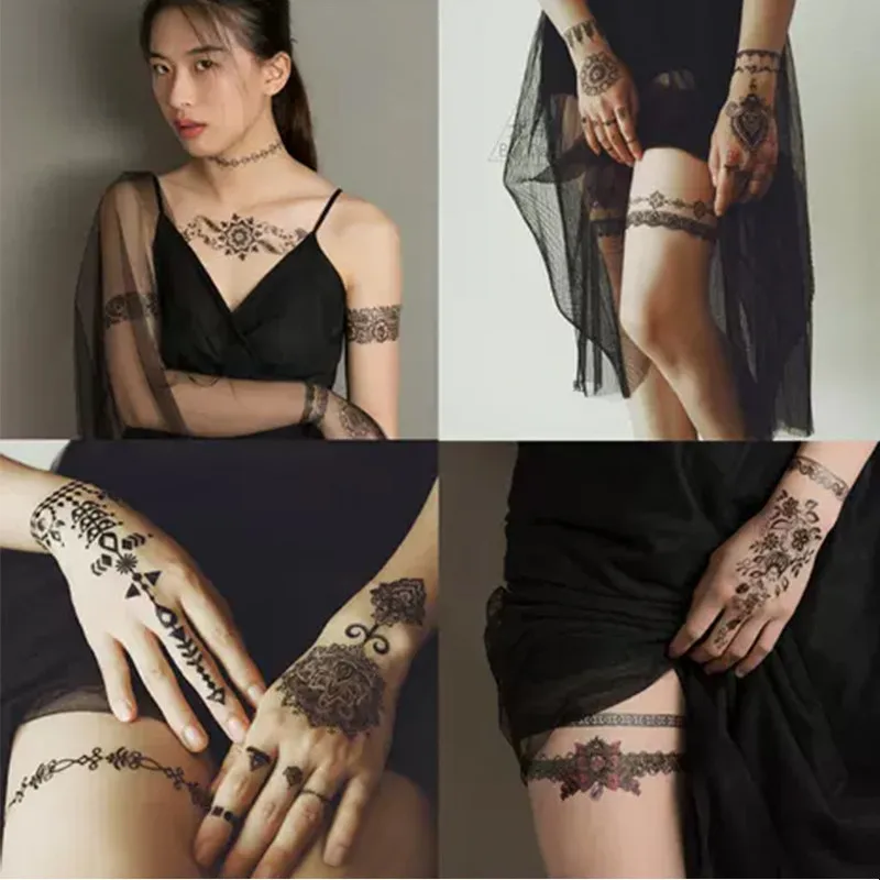 Top Trends: 1PCS Tattoo Stickers Semi Permanent Party Black Hollow Lace Tattoo Stickers Waterproof Henna Tattoos Shoppable Styles