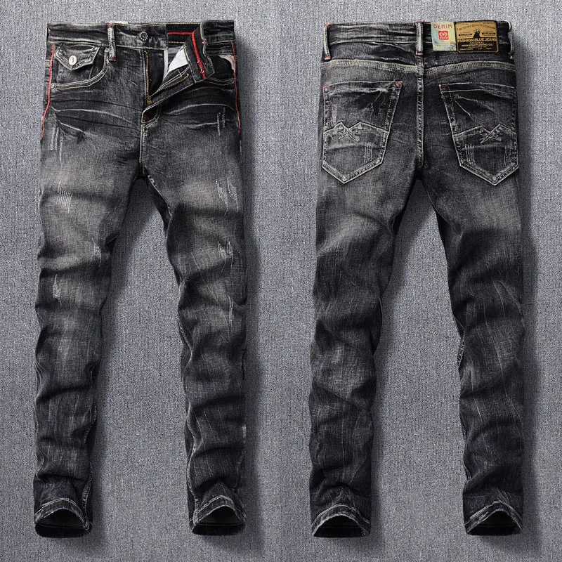 Top Trends: Italian Style Fashion Men Jeans Retro Black Gray Elastic Slim Fit Ripped Jeans Men Trousers Vintage Designer Denim Pants Hombre Shoppable Styles