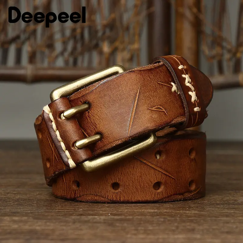 Top Trends: 1Pc Deepeel 3.8*105-125cm Men's Cowhide Leather Belts Vintage Double Needle Buckle Belt Adults Male Wide Waistband With Jeans Shoppable Styles