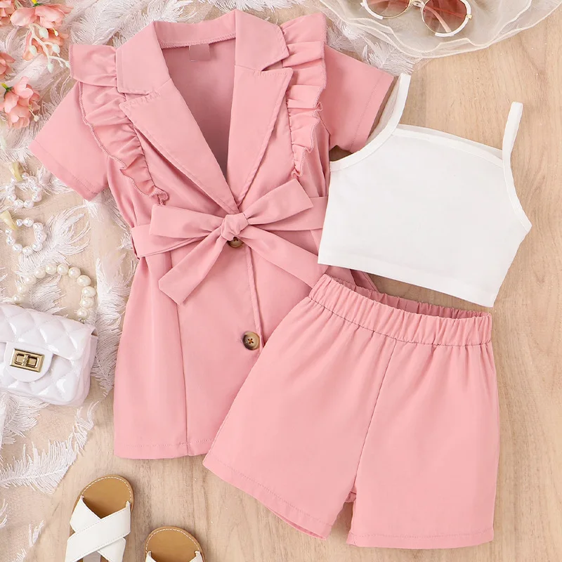 Top Trends: Summer Girl Suit Strap Solid Color+ Short Sleeved Lapel Suit Jacket+ Shorts 3Pcs Girls Outfits Korean Kids Children Clothing Sets Shoppable Styles - Image 3