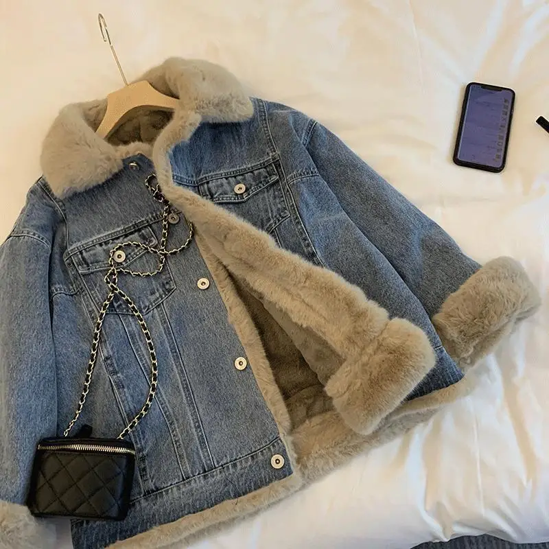 Top Trends: Winter Fleece Thicken Denim Jacket Women Loose Oversized Casual Warm Jeans Coats Wear Fur Collar Long Sleeves Female Clothes Shoppable Styles