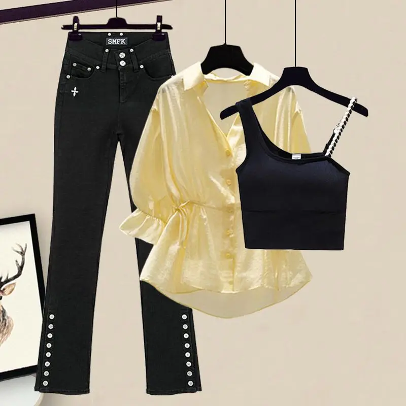 Top Trends: Drawstring Pleated Waist Wrapped Chiffon Shirt Sexy Strap Bra Black Jeans Three Piece Elegant Women's Pants Set Summer Outfits Shoppable Styles - Image 2