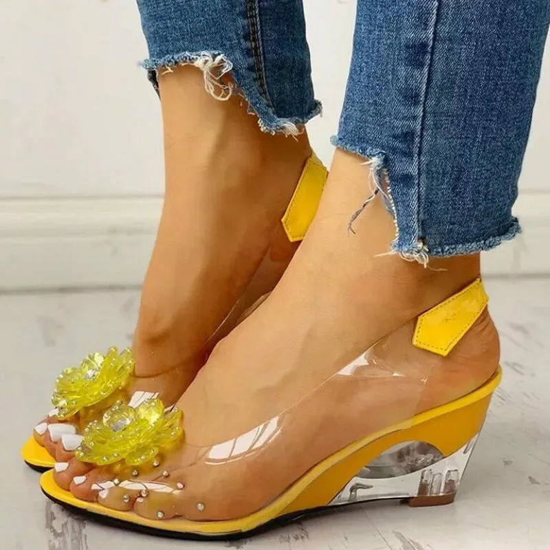 Top Trends: Large Size Female Sandals Summer New Rhinestone Wedge Heel Sweet Flowers Transparent Waterproof Leisure Women's Jelly Shoes Shoppable Styles - Image 4