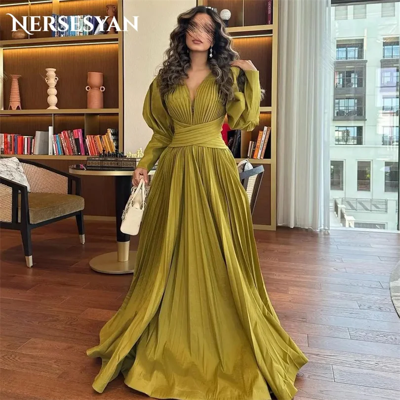 Top Trends: Nersesyan Vintage Green Chiffon Special Occasion Dresses Puff Long Sleeves V Neck Prom Gown A Line Draped Vestidos De Fiesta Shoppable Styles