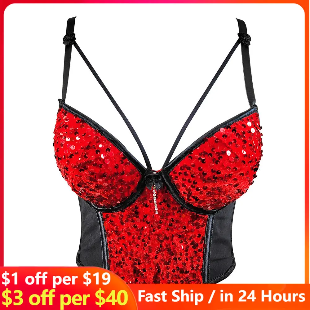 Top Trends: Mesh Stitching Velvet Sequined Crop Top Underwear Short Tight Corset Sexy Red Bead Embroidery Sling Sleeveless Tube Top Bralette Shoppable Styles