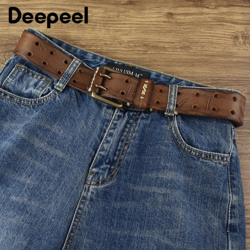 Top Trends: 1Pc Deepeel 3.8*105-125cm Men's Cowhide Leather Belts Vintage Double Needle Buckle Belt Adults Male Wide Waistband With Jeans Shoppable Styles - Image 6