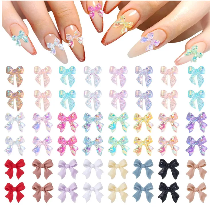 Top Trends: 50PCS Aurora Acrylic 3D Nail Art Bow Charm For Nails Decoration Design Kawaii Manicure Accessories Bow-knot DIY Craft Supplies Shoppable Styles