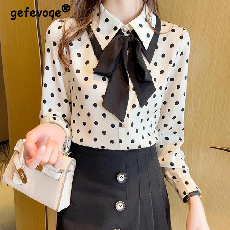 Top Trends: Womens Clothing Autumn Bandage Long Sleeve Shirt Fashion Sweet Polo-Neck Polka Dot Printing Single Breasted Chiffon Loose Blouse Shoppable Styles