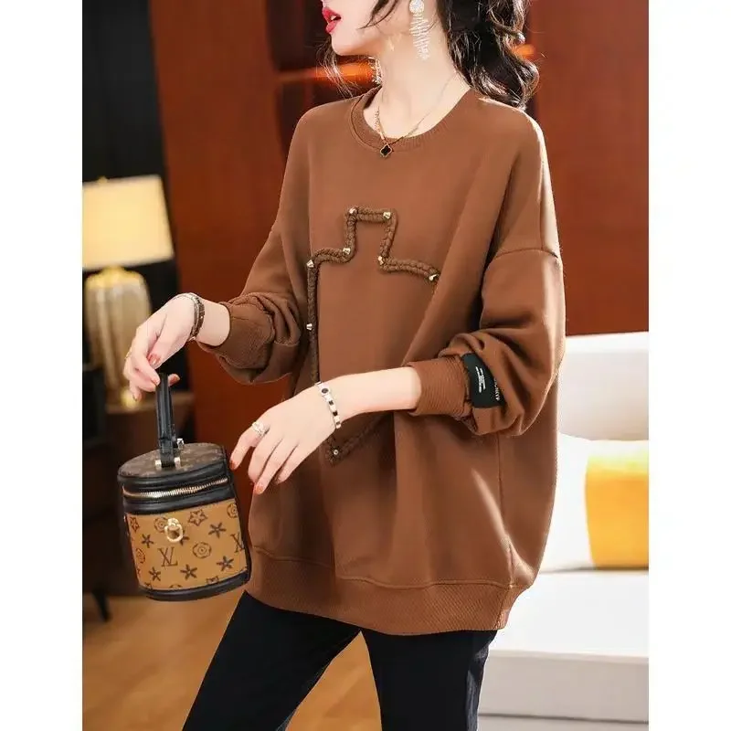 Top Trends: Autumn And Winter New Women&#039;s Solid Color Round Neck Pullovers All-match Chic Spliced Long Sleeve Loose Tops Female Clothing Shoppable Styles