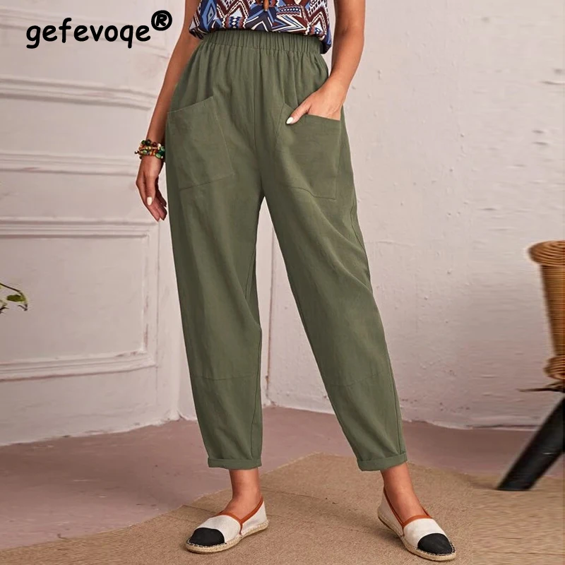 Top Trends: 2023 Women Retro Casual Elastic High Waist Cotton Linen Harem Ankle Length Pants Summer Solid Loose Pockets Trousers Pantalones Shoppable Styles