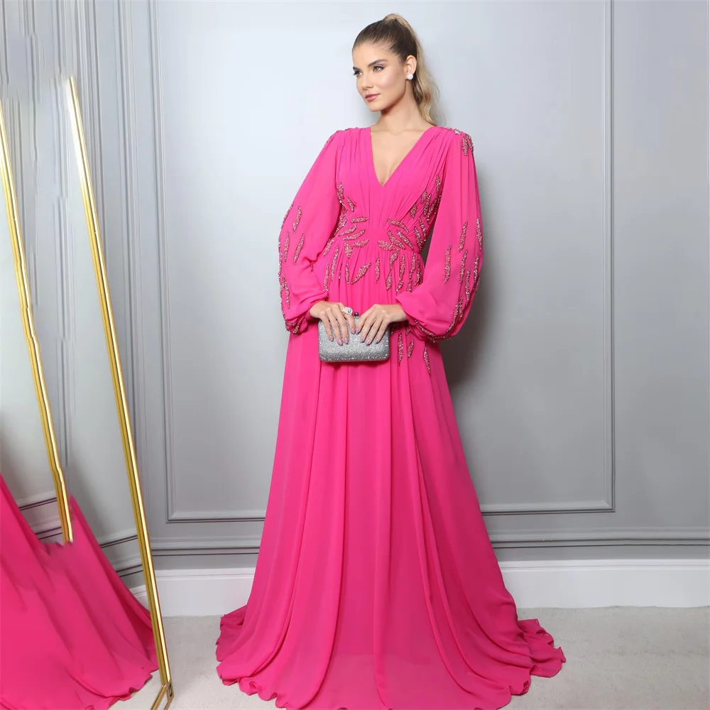 Top Trends: Fuchsia Beach Special Occasion Dresses V Neck Long Sleeves Formal Gown Long Embroidery Evening Dresses Vestidos De Fiesta Shoppable Styles