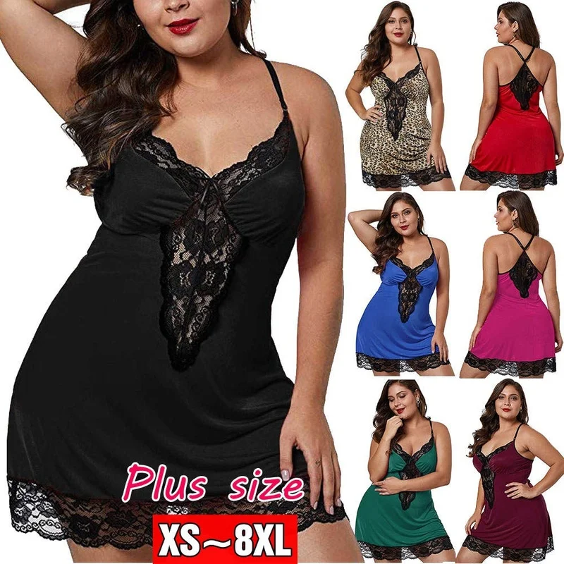 Top Trends: Plus Size Women Nightgown Lace Sleepdress Perspective Sleepwear Deep-V Mini Nightdress Sexy Lingerie For Women Shoppable Styles