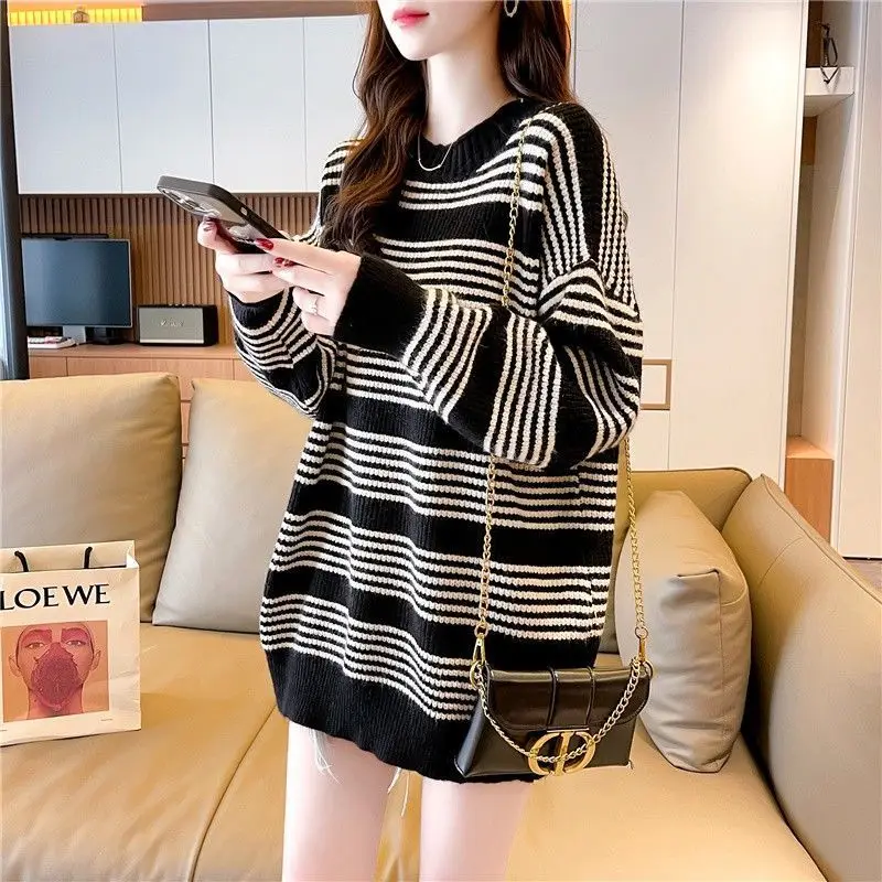 Top Trends: Fashion Spliced Loose Casual Striped Sweaters Female Clothing 2023 Autumn Winter All-match Pullovers Korean Warm Tops Shoppable Styles