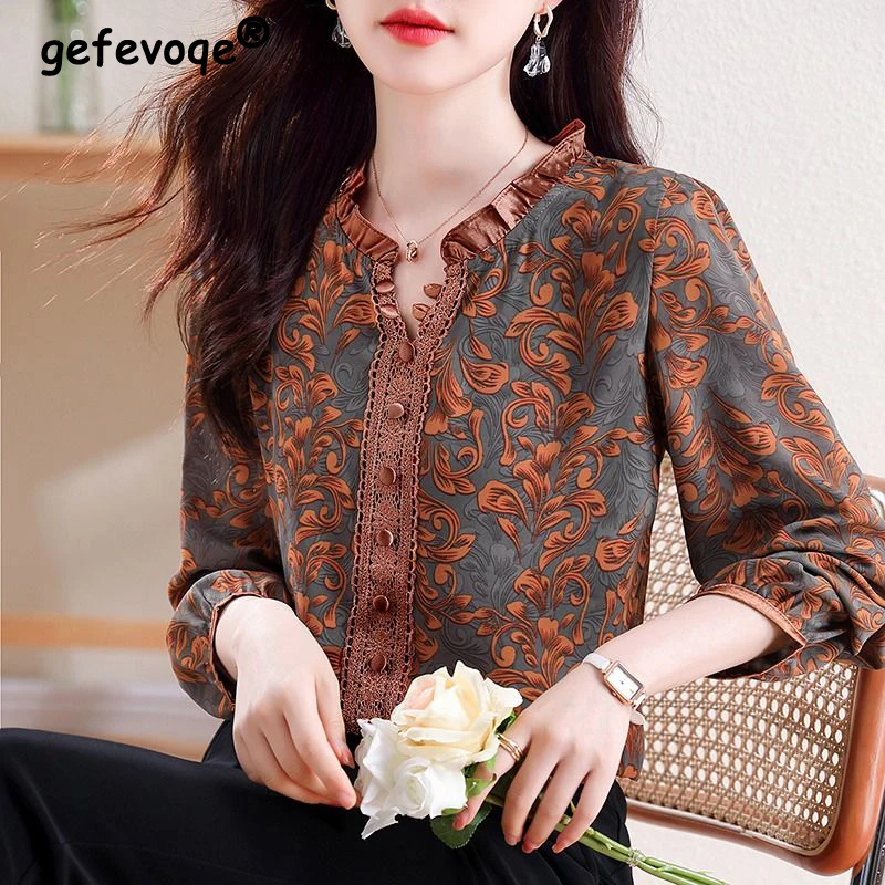 Top Trends: Women Korean Fashion Vintage Print Ruffle Blouse Elegant Chic Lace Patchwork Shirts Casual V Neck Long Sleeve Loose Tops Blusas Shoppable Styles