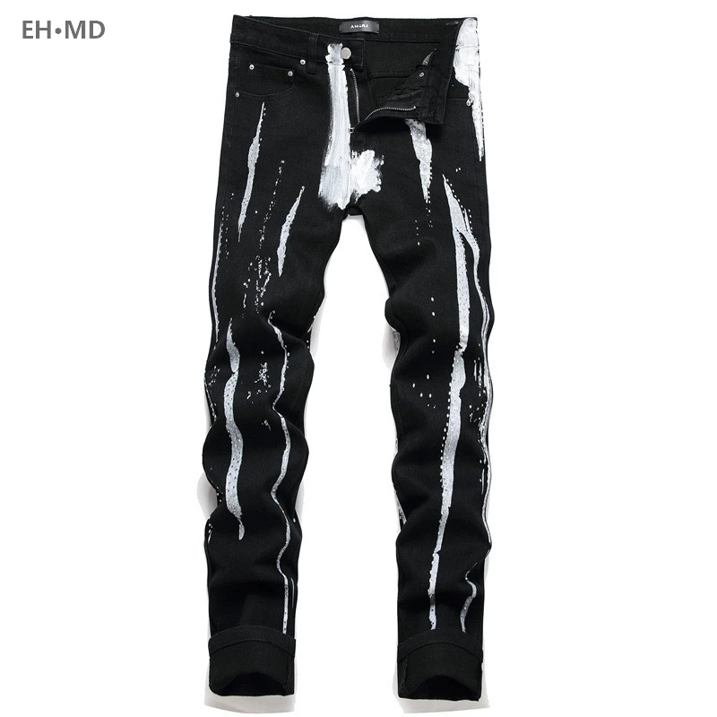 Top Trends: Worn Embroidery Jeans Men Splash Ink Soft 3D Hollow Long Pants Hip Hop Motorcycle Style Repair Tall Street Pure Cotton Red Ear 2 Shoppable Styles