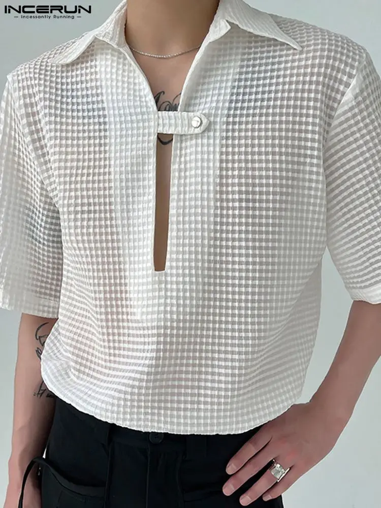 Top Trends: Casual Simple Style Tops INCERUN New Men Textured Slightly See-through Blouse Fashion Solid Chest Slit Short Sleeve Shirts S-5XL Shoppable Styles