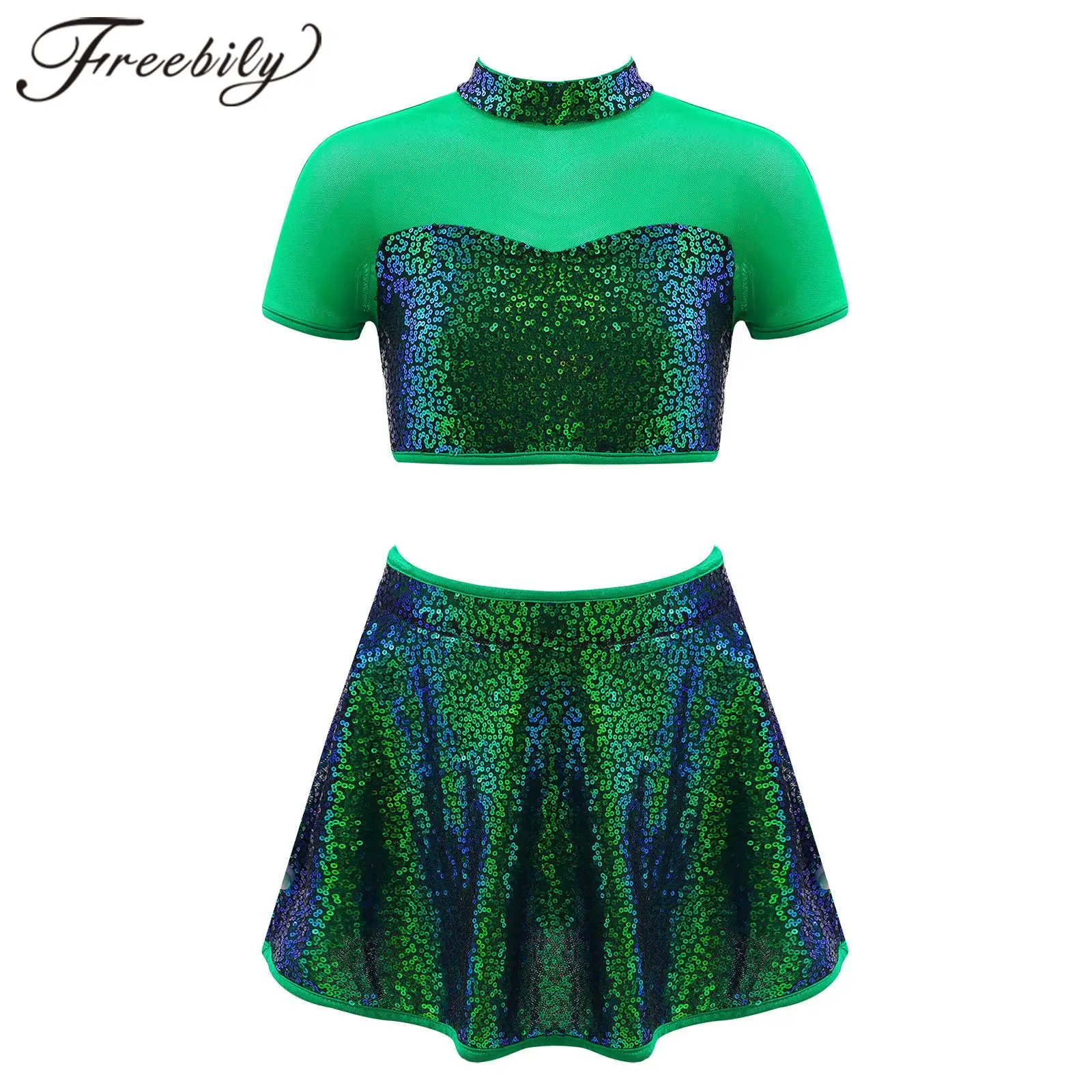 Top Trends: Girls Sequins Ballet Dancing Dress Kids Crop Top Skirt Set For Jazz Skating Gymnastics Shiny Costume Stage Dance Outfit Green Shoppable Styles